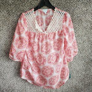 Calypso St Barth for Target Top Womens Small Silk Pink Crochet V Neck Semi Sheer